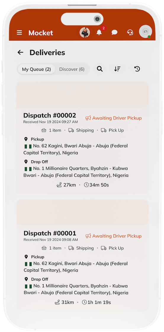 Mocket Delivery dispatch orders page displayed on mobile screen showing order tracking and status