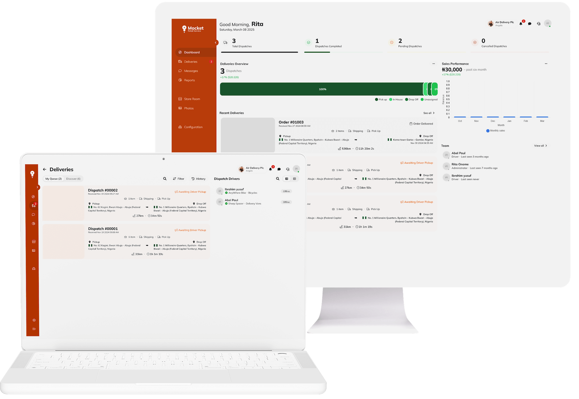 Mocket Delivery dispatch orders page displayed on desktop and laptop screens showing order details