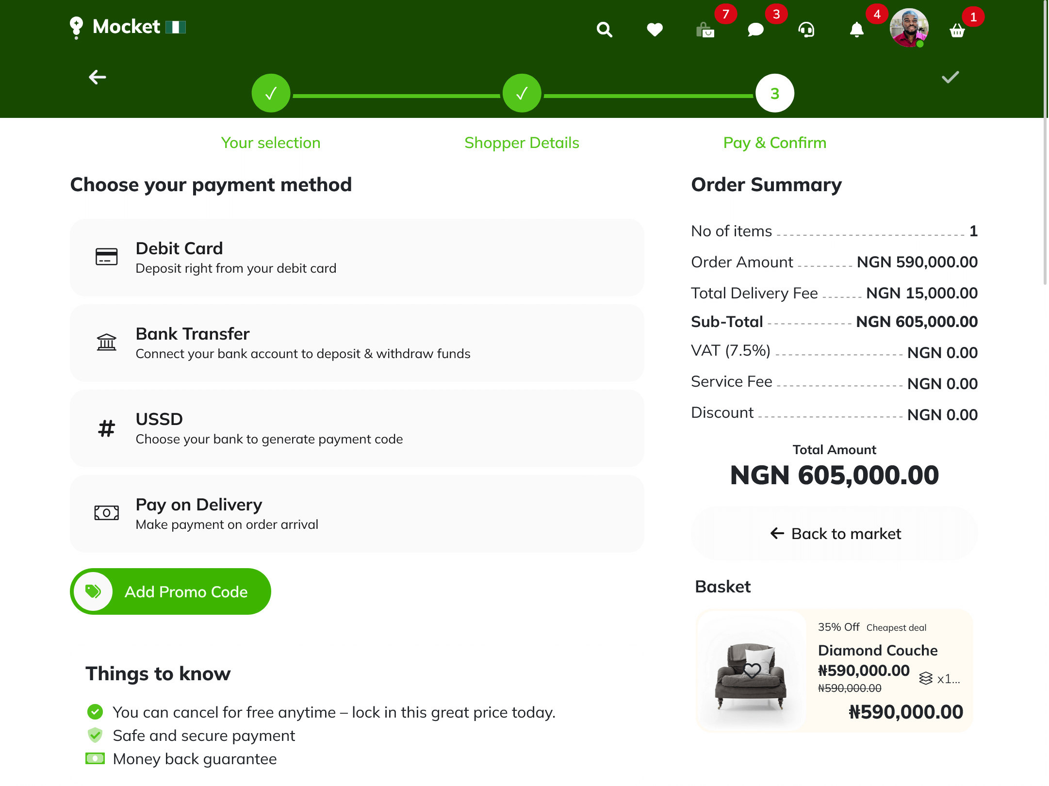 Mocket app checkout page displayed on tablet screen showing payment and order summary