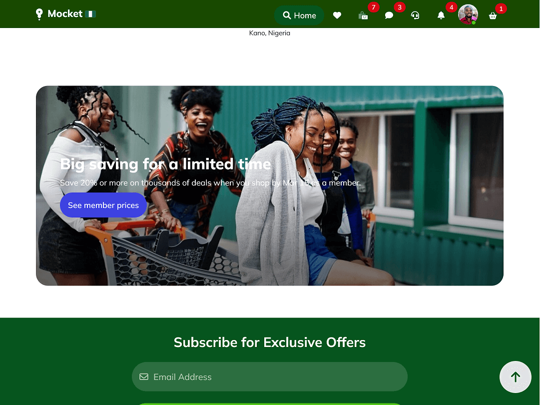 Mocket app exclusive deals section displaying discounts and offers for users on tablet screen