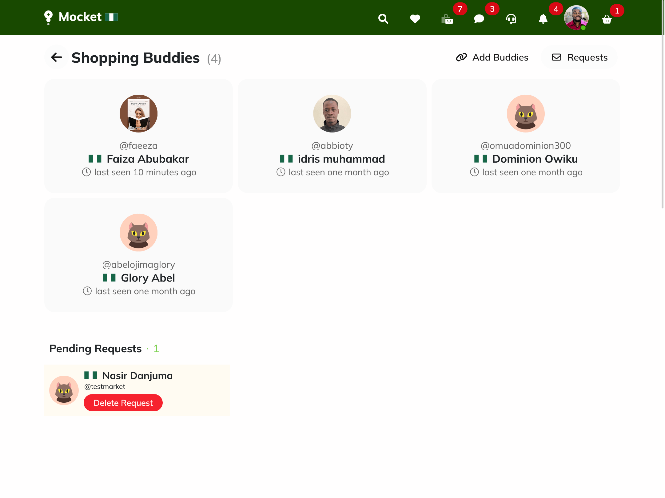 Mocket app shopping buddies page on tablet showing users managing their shopping circle