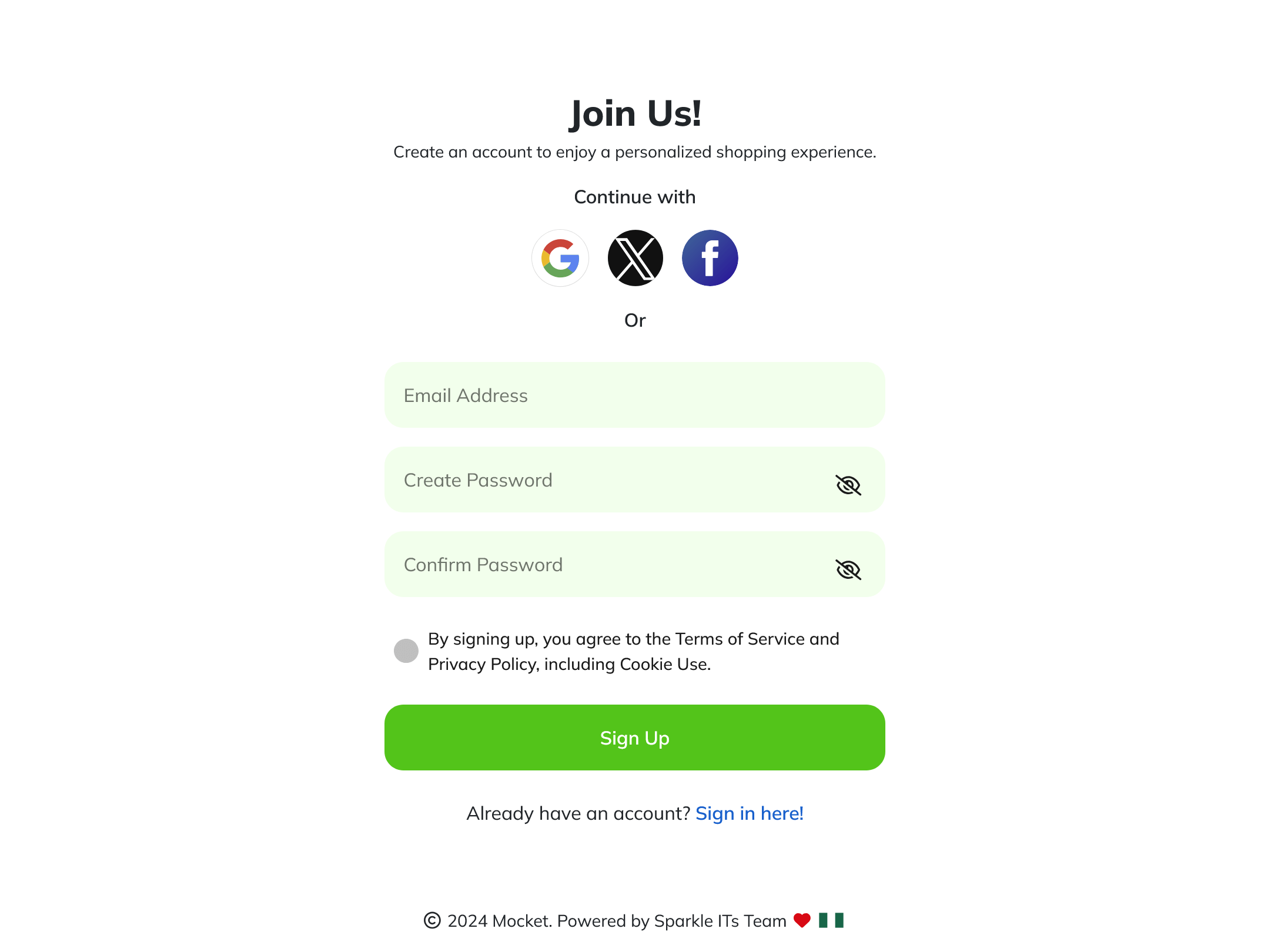 Mocket app signup form displayed on a tablet screen