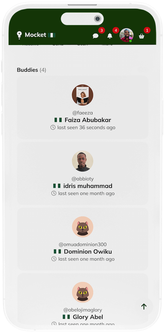 Mocket app Buddies feature allowing users to create and manage shopping groups on mobile screen
