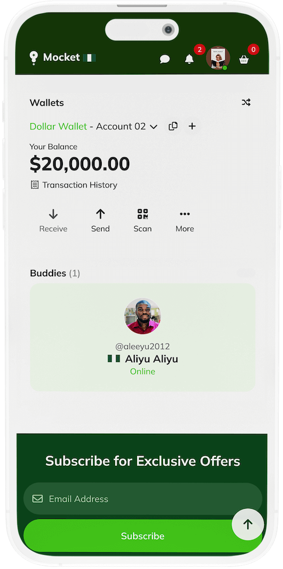Mocket app wallet feature showing transaction history and balance management on mobile screen