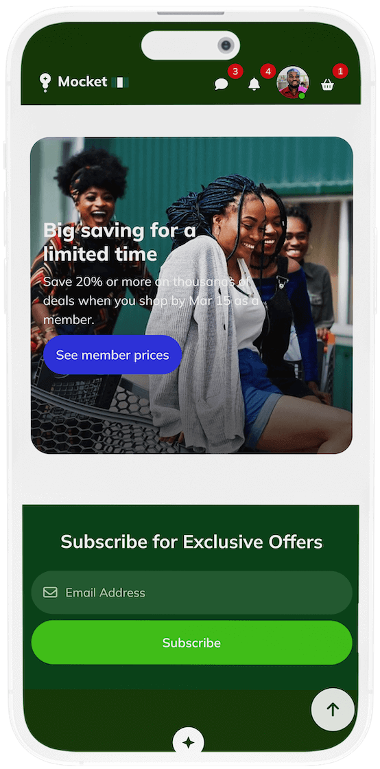 Mocket app exclusive deals section displaying discounts and offers for users on mobile screen