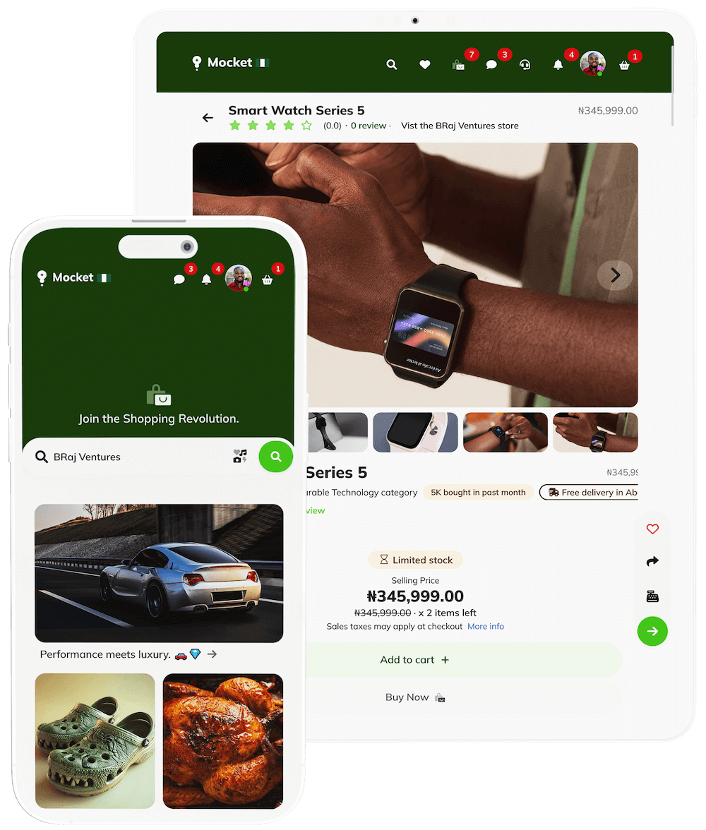 Mocket app home and shopping pages displayed side by side on tablet and mobile screens