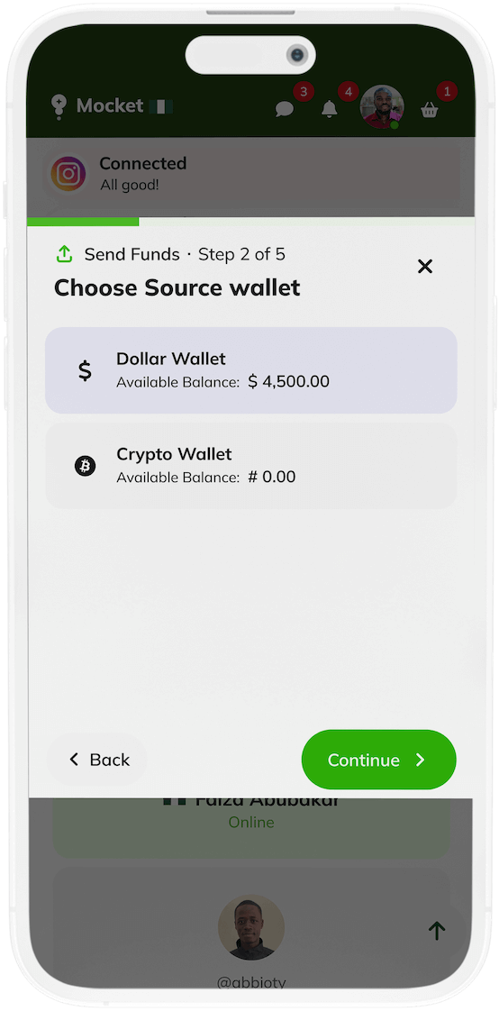 Mocket app sending funds feature with blockchain integration for secure transactions on mobile screen