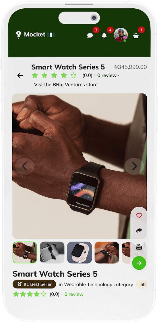 Mocket app vendor store page showcasing products available for purchase on mobile screen